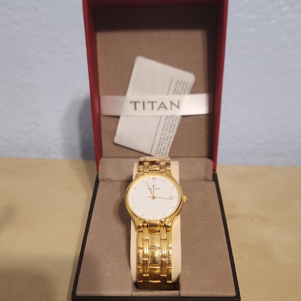 Titan Gold Watch with White Dial in Case Brand New In Box